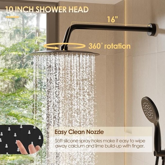 Shower System with Tub Spout, Wall Mounted Shower Faucet Set for Bathroom with 10 Inch Rain Shower Head and Handheld Shower Head Set, Matte Black