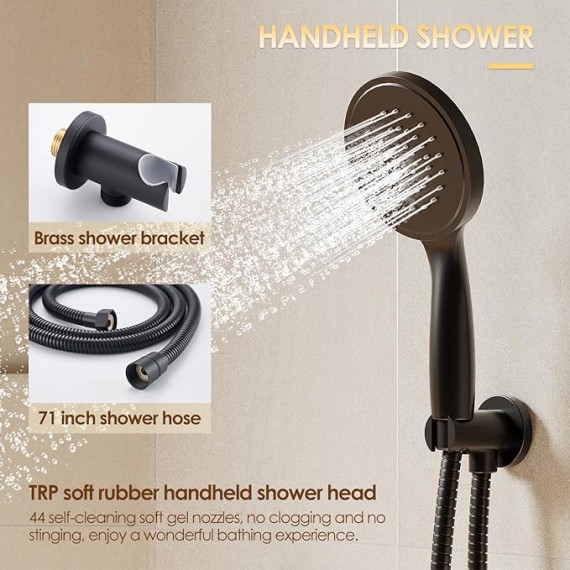 Shower System with Tub Spout, Wall Mounted Shower Faucet Set for Bathroom with 10 Inch Rain Shower Head and Handheld Shower Head Set, Matte Black