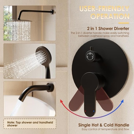 Shower System with Tub Spout, Wall Mounted Shower Faucet Set for Bathroom with 10 Inch Rain Shower Head and Handheld Shower Head Set, Matte Black