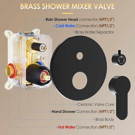 Shower System with Tub Spout, Wall Mounted Shower Faucet Set for Bathroom with 10 Inch Rain Shower Head and Handheld Shower Head Set, Matte Black