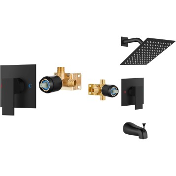 Square Single-Function Shower Handle Valve Wall Mount Brass Faucet Shower Rough-in Valve Shower Faucet Set with 8 Inch Rainfall Square Showerhead and Tub Spout Bathtub Faucet Kit