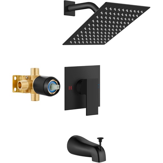 Square Single-Function Shower Handle Valve Wall Mount Brass Faucet Shower Rough-in Valve Shower Faucet Set with 8 Inch Rainfall Square Showerhead and Tub Spout Bathtub Faucet Kit