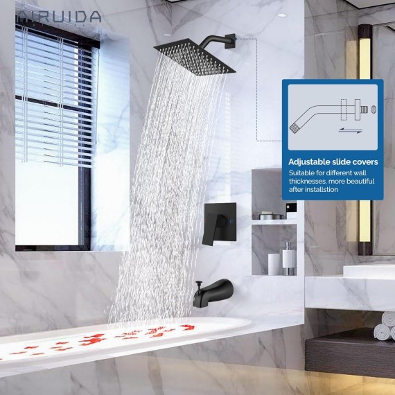 Square Single-Function Shower Handle Valve Wall Mount Brass Faucet Shower Rough-in Valve Shower Faucet Set with 8 Inch Rainfall Square Showerhead and Tub Spout Bathtub Faucet Kit