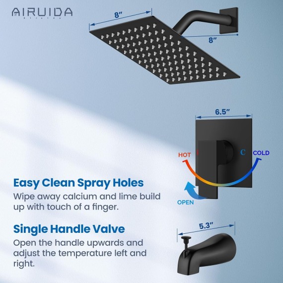 Square Single-Function Shower Handle Valve Wall Mount Brass Faucet Shower Rough-in Valve Shower Faucet Set with 8 Inch Rainfall Square Showerhead and Tub Spout Bathtub Faucet Kit