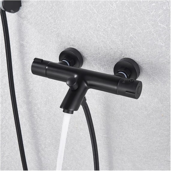 Black Thermostatic Shower Bath Mixer Set Bathroom Thermostatic Mixer Tap Hot And Cold Water Bathroom Mixer Valve Bathtub Faucet(Black Full Set A)