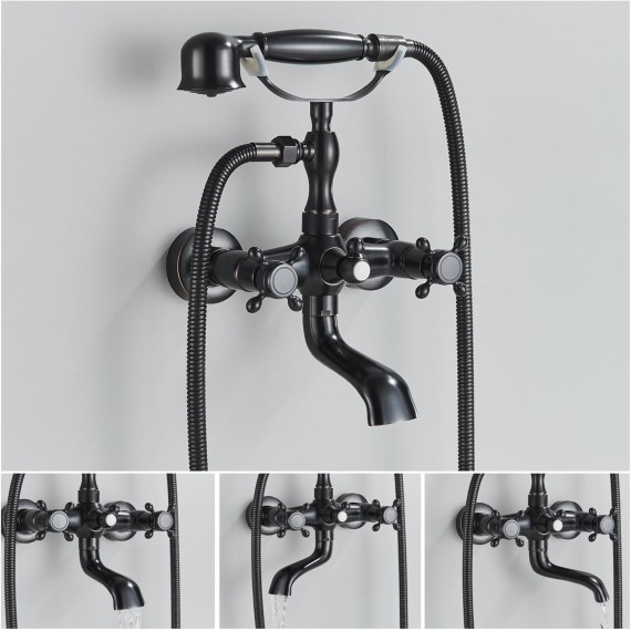 Bathroom Bathtub Faucet Dual Handles Handheld with Hand Shower Bath Shower Mixer Tap Wall Mount Swivel Spout Tub Retro Faucet(Antique)