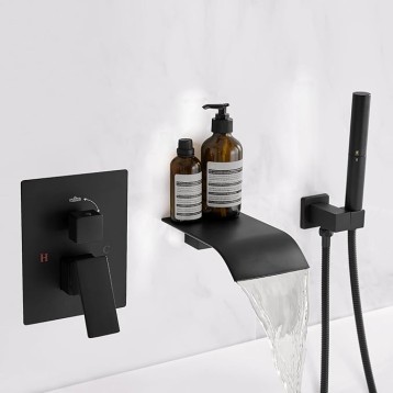 Wall Mount Bathtub Faucet Waterfall Tub Faucet with 2 in 1 Handheld Sprayer Matte Black Modern Bathroom Tub Filler Solid Brass Single Handle Shower Faucet Set with High Flow Rough in Valve