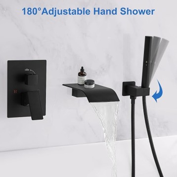 Wall Mount Bathtub Faucet Waterfall Tub Faucet with 2 in 1 Handheld Sprayer Matte Black Modern Bathroom Tub Filler Solid Brass Single Handle Shower Faucet Set with High Flow Rough in Valve