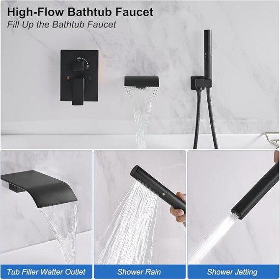 Wall Mount Bathtub Faucet Waterfall Tub Faucet with 2 in 1 Handheld Sprayer Matte Black Modern Bathroom Tub Filler Solid Brass Single Handle Shower Faucet Set with High Flow Rough in Valve