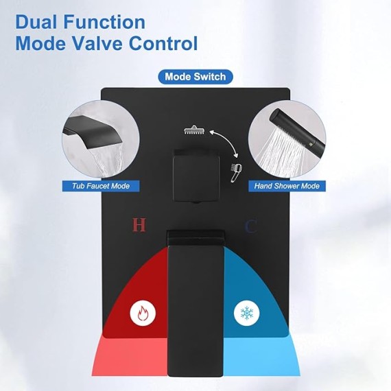 Wall Mount Bathtub Faucet Waterfall Tub Faucet with 2 in 1 Handheld Sprayer Matte Black Modern Bathroom Tub Filler Solid Brass Single Handle Shower Faucet Set with High Flow Rough in Valve