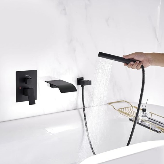 Wall Mount Bathtub Faucet Waterfall Tub Faucet with 2 in 1 Handheld Sprayer Matte Black Modern Bathroom Tub Filler Solid Brass Single Handle Shower Faucet Set with High Flow Rough in Valve
