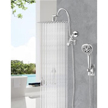 PDPBATH Rainfall Shower Head with Handheld Spray Combo, All Metal 12 Inch High Pressure Rain Showerhead with 16" Adjustable Curved Arm Build-in 3-way Diverter, Chrome