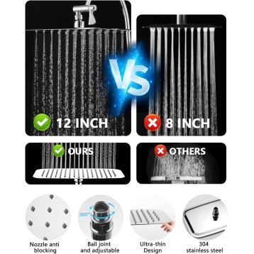 PDPBATH Rainfall Shower Head with Handheld Spray Combo, All Metal 12 Inch High Pressure Rain Showerhead with 16" Adjustable Curved Arm Build-in 3-way Diverter, Chrome