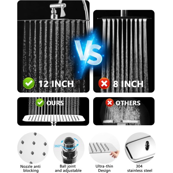PDPBATH Rainfall Shower Head with Handheld Spray Combo, All Metal 12 Inch High Pressure Rain Showerhead with 16" Adjustable Curved Arm Build-in 3-way Diverter, Chrome