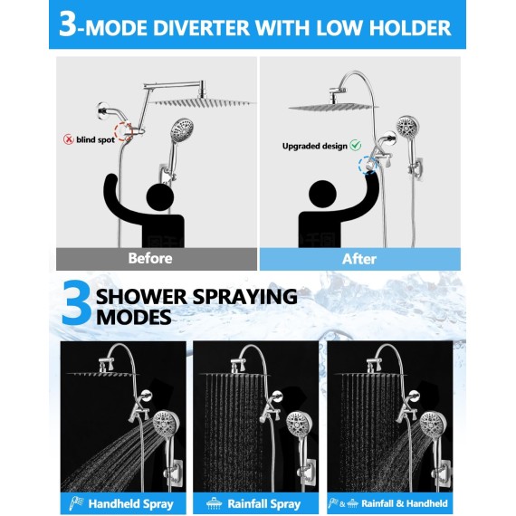 PDPBATH Rainfall Shower Head with Handheld Spray Combo, All Metal 12 Inch High Pressure Rain Showerhead with 16" Adjustable Curved Arm Build-in 3-way Diverter, Chrome