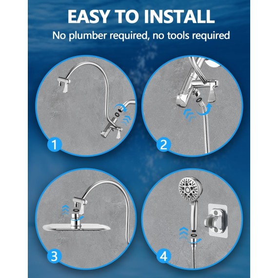 PDPBATH Rainfall Shower Head with Handheld Spray Combo, All Metal 12 Inch High Pressure Rain Showerhead with 16" Adjustable Curved Arm Build-in 3-way Diverter, Chrome