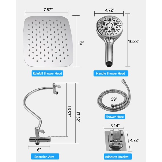 PDPBATH Rainfall Shower Head with Handheld Spray Combo, All Metal 12 Inch High Pressure Rain Showerhead with 16" Adjustable Curved Arm Build-in 3-way Diverter, Chrome
