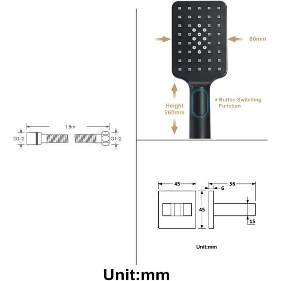 Black Handheld Shower Head Set High Pressure Handheld Showerhead Set with 3 Mode Water, Universal Handheld Shower Sprayer
