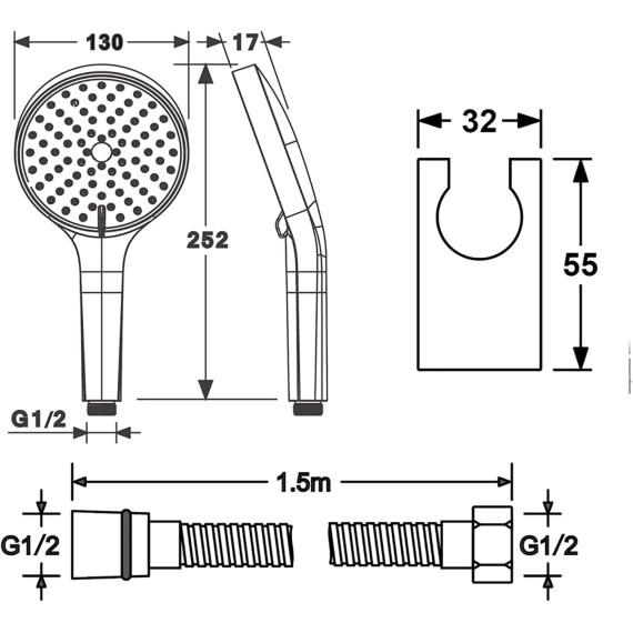 Gray Handheld Shower Head Set Universal ABS Handheld Showerheads 3 Settings Shower Head High Pressure Handheld Shower Sprayer with 1.5M Shower Hose, Stainless Steel Showe