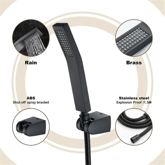 Handheld Shower Head Black, Brass High Pressure Shower Head, Detachable Showerhead with ABS Holder and Stainless Steel Hose, Bathroom Showerhead
