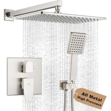 Shower Faucet Set Brushed Nickel Rainfall 12 Inch Shower Head and Handle Set Bathroom Rain Shower System Wall Mounted Shower Fixture Include Shower Valve and Trim Kit