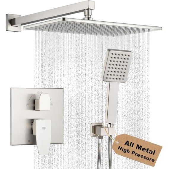 Shower Faucet Set Brushed Nickel Rainfall 12 Inch Shower Head and Handle Set Bathroom Rain Shower System Wall Mounted Shower Fixture Include Shower Valve and Trim Kit