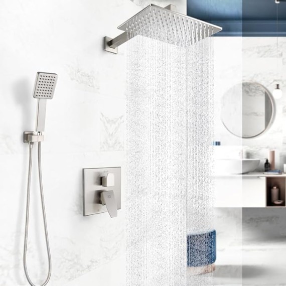 Shower Faucet Set Brushed Nickel Rainfall 12 Inch Shower Head and Handle Set Bathroom Rain Shower System Wall Mounted Shower Fixture Include Shower Valve and Trim Kit