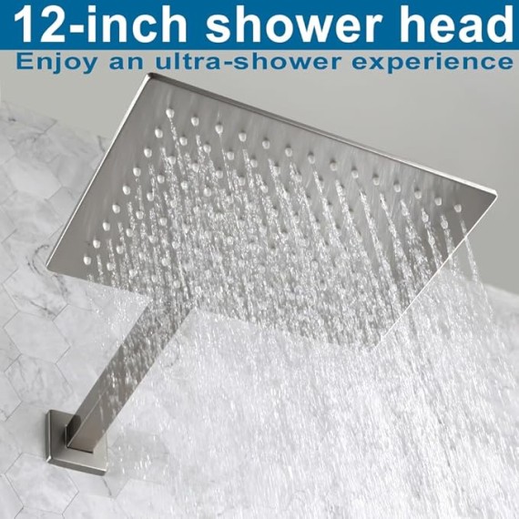 Shower Faucet Set Brushed Nickel Rainfall 12 Inch Shower Head and Handle Set Bathroom Rain Shower System Wall Mounted Shower Fixture Include Shower Valve and Trim Kit