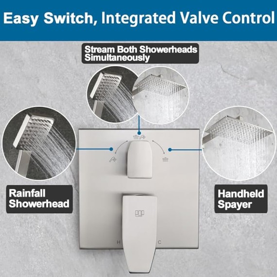 Shower Faucet Set Brushed Nickel Rainfall 12 Inch Shower Head and Handle Set Bathroom Rain Shower System Wall Mounted Shower Fixture Include Shower Valve and Trim Kit