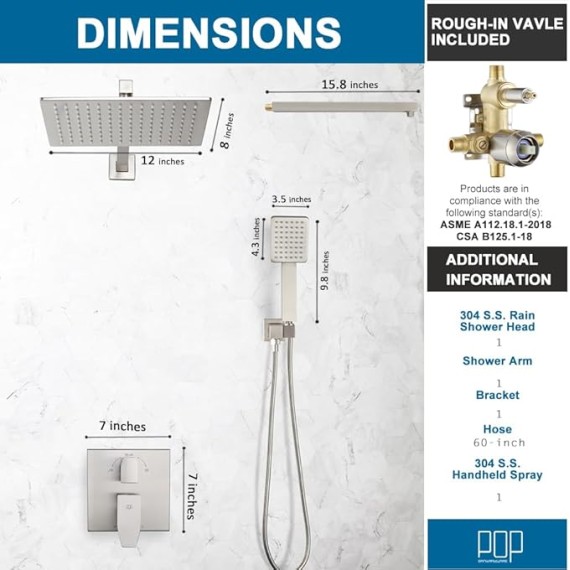 Shower Faucet Set Brushed Nickel Rainfall 12 Inch Shower Head and Handle Set Bathroom Rain Shower System Wall Mounted Shower Fixture Include Shower Valve and Trim Kit