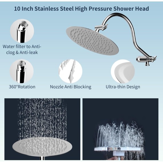 All Metal Shower Head, 20 Stage Shower Filter, 10'' High Pressure Rainfall Shower Head/Handheld Showerhead Combo with 12'' Adjustable Curved Shower Extension Arm, 7-Spray, 71'' Shower Hose, Ch