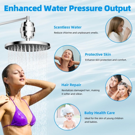All Metal Shower Head, 20 Stage Shower Filter, 10'' High Pressure Rainfall Shower Head/Handheld Showerhead Combo with 12'' Adjustable Curved Shower Extension Arm, 7-Spray, 71'' Shower Hose, Ch