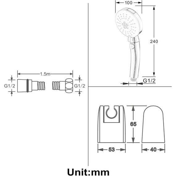 Shower Head Handheld Shower Head Set Universal Handheld Showerhead Set with 3 Mode Water, Chrome ABS High Pressure Handheld Shower Sprayer with ABS Holder and 1.5M Stainless Steel Shower Hose,Type B
